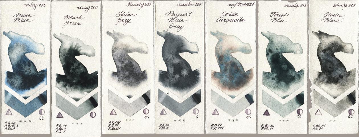 Rosa Gallery 762 Azure Blue, 760 Black Green, Shminke Horadam Aquarell 935 Shire Grey, Daniel Smith 235 Paynes Blue Gray, Mijello Mission Gold 827 Oxide Turquoise, 943 Forest Blue, 965 Glacier Bla watercolor swatch