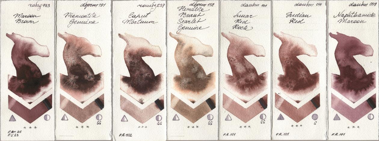 Rosa Gallery 763 Maroon Brown, Daniel Smith 191 Piemontite Genuine, Roman Szmal Aquarius 239 Caput Mortuum, 158 Hematite Burnt Scarlet Genuine, 141 Lunar Red Rock, 044 Indian Red, 059 Naphthamide Maro watercolor swatch