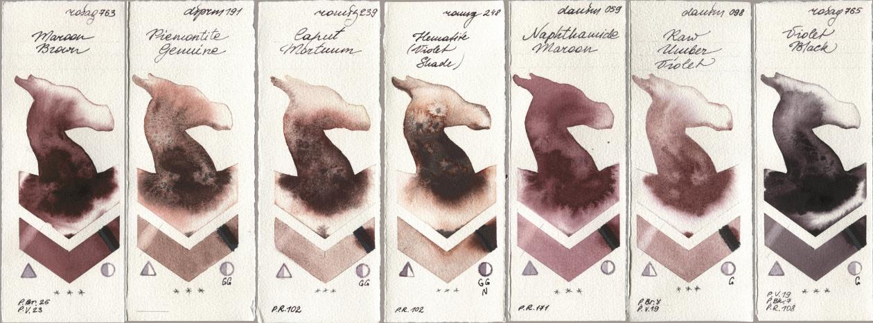 Rosa Gallery 763 Maroon Brown, Daniel Smith 191 Piemontite Genuine, Roman Szmal Aquarius 239 Caput Mortuum, 248 Hematite (Violet Shade), 059 Naphthamide Maroon, 098 Raw Umber Violet, 765 Violet Bla watercolor swatch