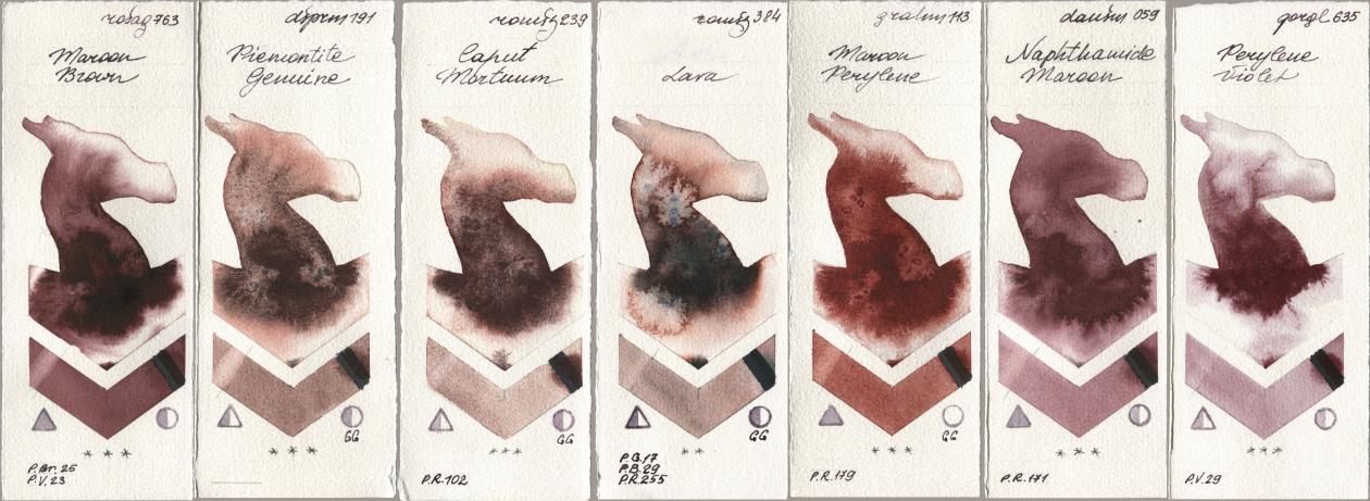 Rosa Gallery 763 Maroon Brown, Daniel Smith 191 Piemontite Genuine, Roman Szmal Aquarius 239 Caput Mortuum, 384 Lava, M. Graham & Co. Artists 113 Maroon Perylene, 059 Naphthamide Maroon, Golden QOR 635 Perylene Viol watercolor swatch