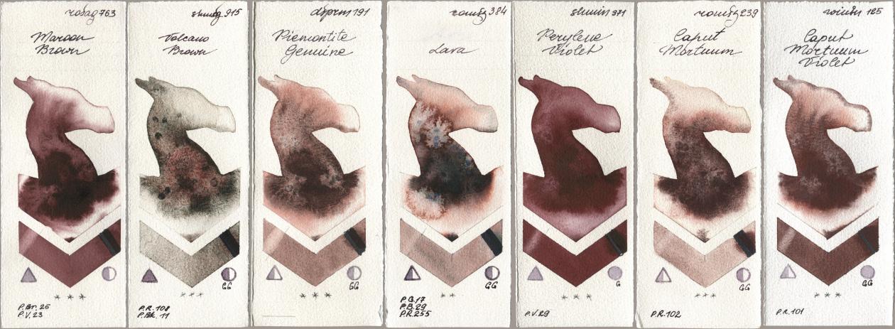 Rosa Gallery 763 Maroon Brown, Shminke Horadam Aquarell 915 Volcano Brown, Daniel Smith 191 Piemontite Genuine, Roman Szmal Aquarius 384 Lava, 371 Perylene Violet, 239 Caput Mortuum, Winsor & Newton Professional 125 Caput Mortuum Viol watercolor swatch