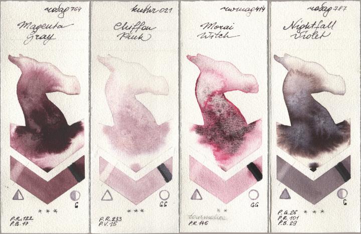 Rosa Gallery 764 Magenta Gray, Kusakabe 021 Chiffon Pink, Rockwell 414 Morai Witch, 787 Nightfall Viol watercolor swatch