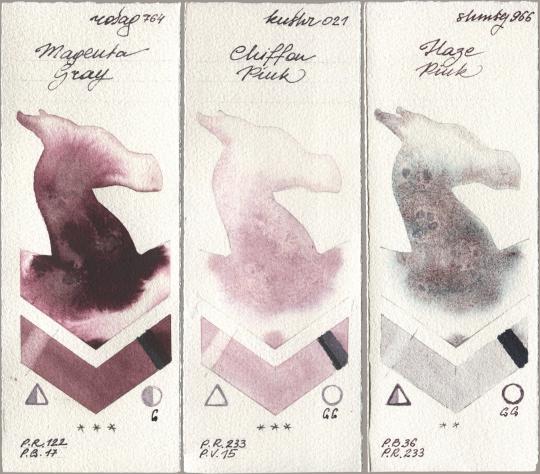 Rosa Gallery 764 Magenta Gray, Kusakabe 021 Chiffon Pink, Shminke Horadam Aquarell 966 Haze Pi watercolor swatch