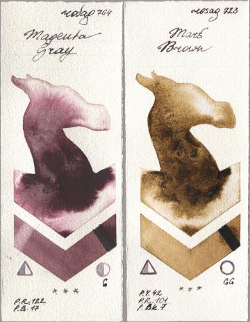 Rosa Gallery 764 Magenta Gray, 723 Mars Bro watercolor swatch