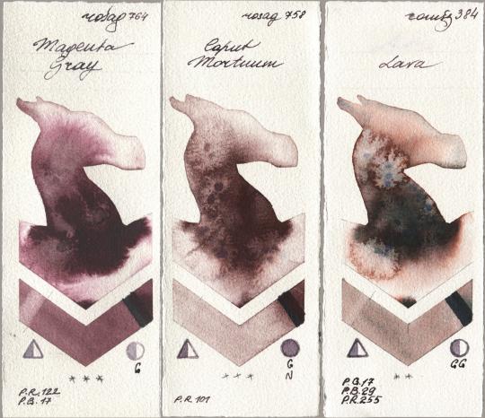 Rosa Gallery 764 Magenta Gray, 758 Caput Mortuum, Roman Szmal Aquarius 384 La watercolor swatch