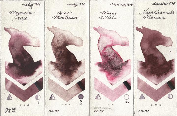 Rosa Gallery 764 Magenta Gray, 758 Caput Mortuum, Rockwell 414 Morai Witch, Daniel Smith 059 Naphthamide Maro watercolor swatch