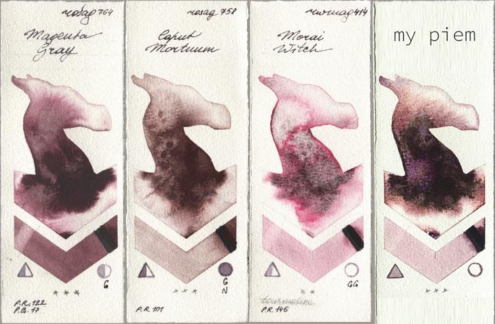 Rosa Gallery 764 Magenta Gray, 758 Caput Mortuum, Rockwell 414 Morai Witch, my 191 pi watercolor swatch