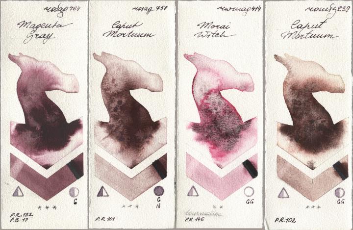 Rosa Gallery 764 Magenta Gray, 758 Caput Mortuum, Rockwell 414 Morai Witch, Roman Szmal Aquarius 239 Caput Mortu watercolor swatch