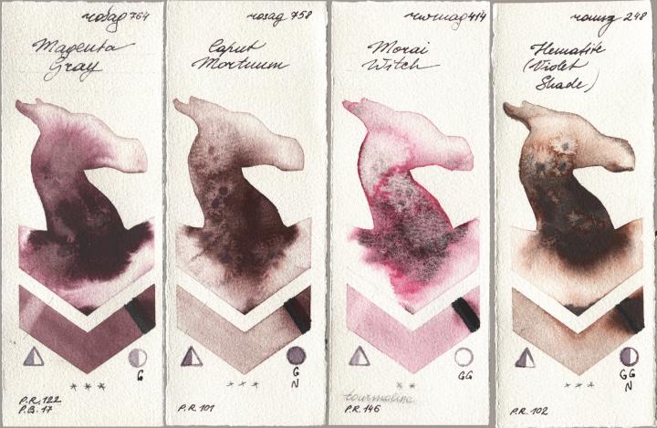 Rosa Gallery 764 Magenta Gray, 758 Caput Mortuum, Rockwell 414 Morai Witch, Roman Szmal Aquarius 248 Hematite (Violet Shad watercolor swatch