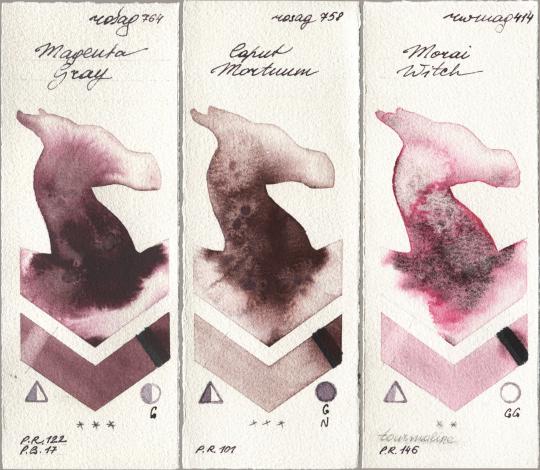 Rosa Gallery 764 Magenta Gray, 758 Caput Mortuum, Rockwell 414 Morai Wit watercolor swatch