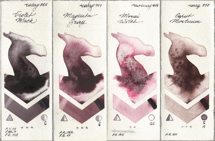 Rosa Gallery 765 Violet Black, 764 Magenta Gray, Rockwell 414 Morai Witch, 758 Caput Mortu watercolor swatch