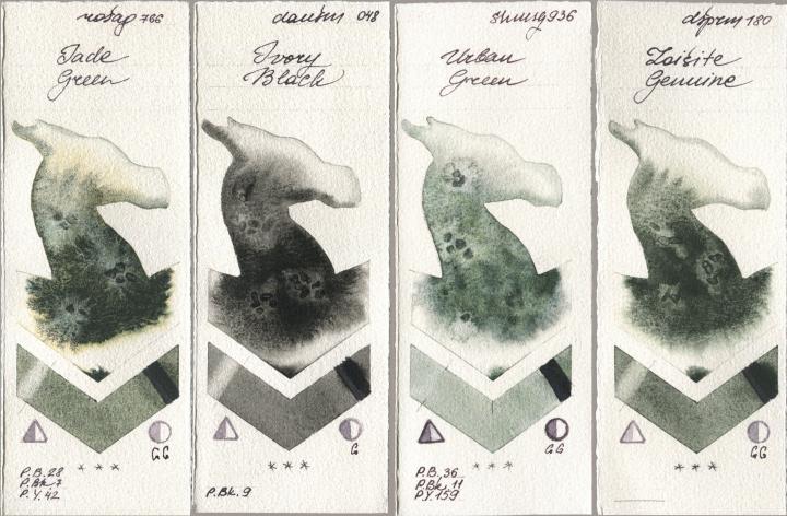 Rosa Gallery 766 Jade Green, Daniel Smith 048 Ivory Black, Shminke Horadam Aquarell 936 Urban Green, 180 Zoisite Genui watercolor swatch