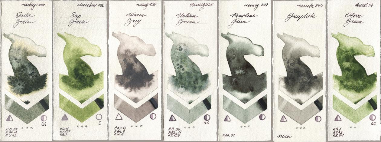Rosa Gallery 766 Jade Green, Daniel Smith 102 Sap Green, 759 Warm Grey, Shminke Horadam Aquarell 936 Urban Green, Roman Szmal Aquarius 409 Perylene Green, Royal Talens Rembrandt Watercolour 840 Graphite, Kuretake Gansai Tambi 054 Olive Gre watercolor swatch