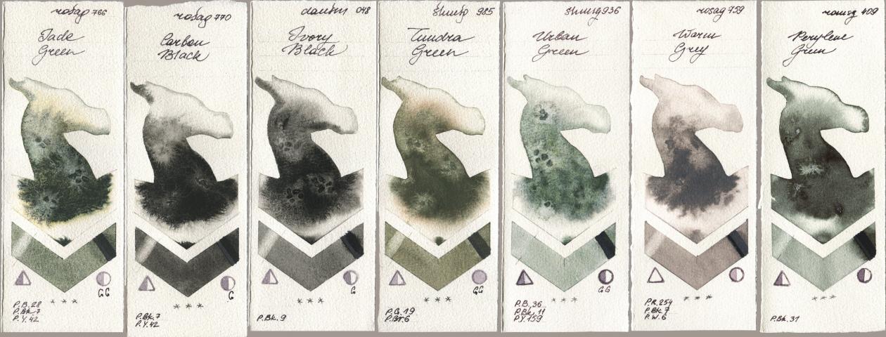 Rosa Gallery 766 Jade Green, 770 Carbon Black, Daniel Smith 048 Ivory Black, Shminke Horadam Aquarell 985 Tundra Green, 936 Urban Green, 759 Warm Grey, Roman Szmal Aquarius 409 Perylene Gre watercolor swatch
