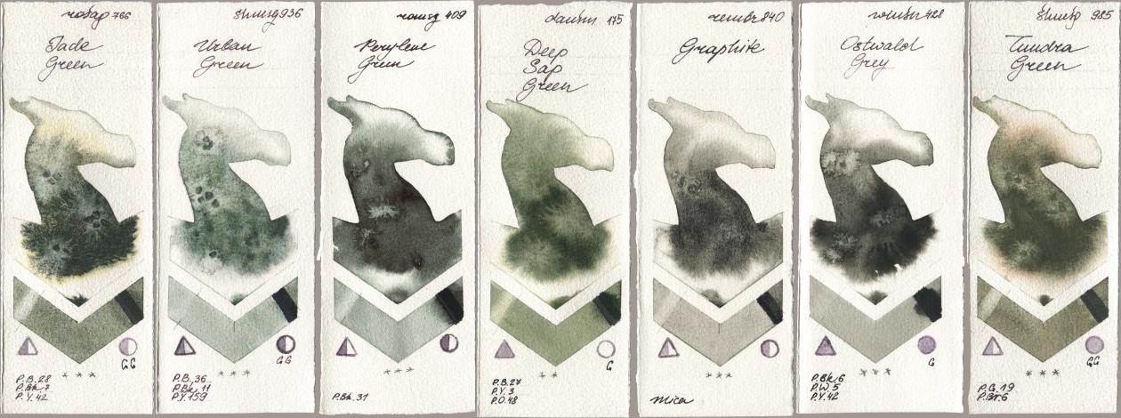 Rosa Gallery 766 Jade Green, Shminke Horadam Aquarell 936 Urban Green, Roman Szmal Aquarius 409 Perylene Green, Daniel Smith 175 Deep Sap Green, Royal Talens Rembrandt Watercolour 840 Graphite, Winsor & Newton Professional 428 Ostwald Grey, 985 Tundra Gre watercolor swatch