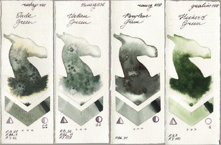 Rosa Gallery 766 Jade Green, Shminke Horadam Aquarell 936 Urban Green, Roman Szmal Aquarius 409 Perylene Green, M. Graham & Co. Artists 108 Hookers Gre watercolor swatch