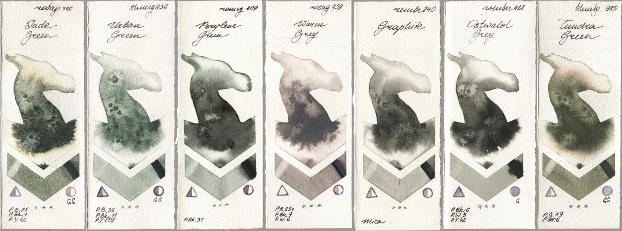 Rosa Gallery 766 Jade Green, Shminke Horadam Aquarell 936 Urban Green, Roman Szmal Aquarius 409 Perylene Green, 759 Warm Grey, Royal Talens Rembrandt Watercolour 840 Graphite, Winsor & Newton Professional 428 Ostwald Grey, 985 Tundra Gre watercolor swatch