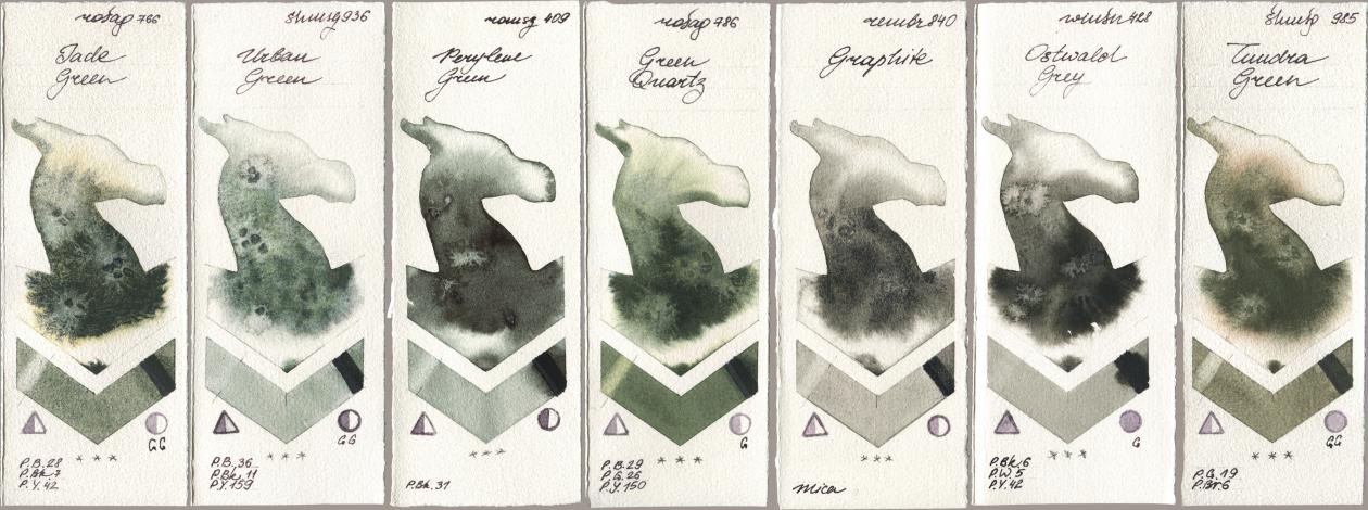 Rosa Gallery 766 Jade Green, Shminke Horadam Aquarell 936 Urban Green, Roman Szmal Aquarius 409 Perylene Green, 786 Green Quartz, Royal Talens Rembrandt Watercolour 840 Graphite, Winsor & Newton Professional 428 Ostwald Grey, 985 Tundra Gre watercolor swatch