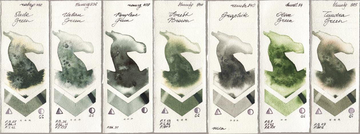 Rosa Gallery 766 Jade Green, Shminke Horadam Aquarell 936 Urban Green, Roman Szmal Aquarius 409 Perylene Green, 944 Forest Brown, Royal Talens Rembrandt Watercolour 840 Graphite, Kuretake Gansai Tambi 054 Olive Green, 985 Tundra Gre watercolor swatch