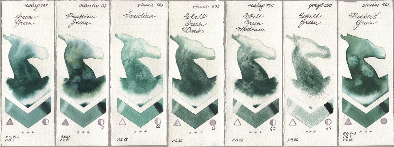 Rosa Gallery 767 Azure Green, Daniel Smith 128 Prussian Green, Shminke Horadam Aquarell 513 Viridian, 533 Cobalt Green Dark, 776 Cobalt Green Medium, Golden QOR 390 Cobalt Green, 521 Hookers Gre watercolor swatch