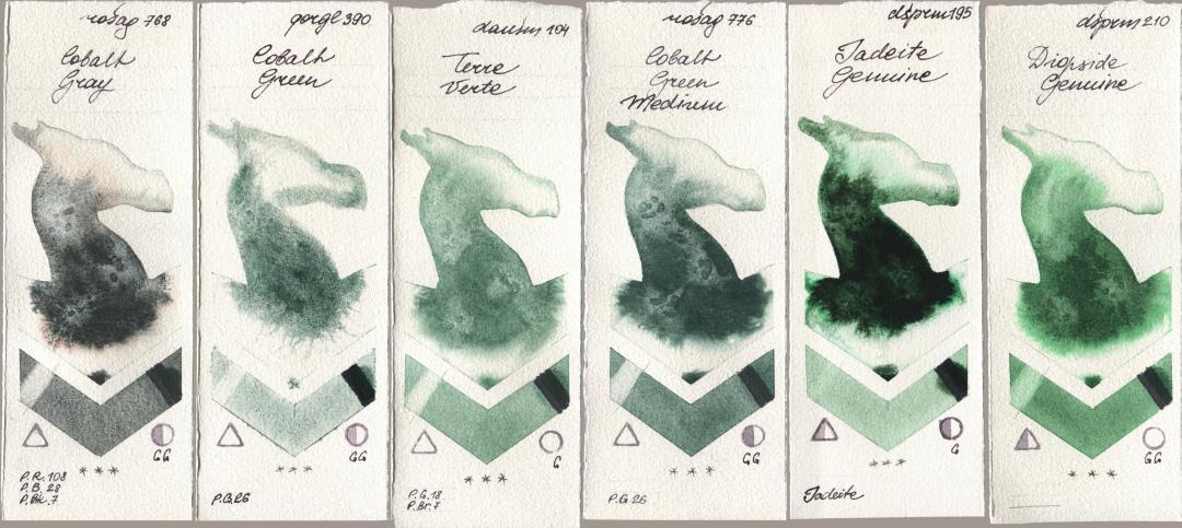 Rosa Gallery 768 Cobalt Gray, Golden QOR 390 Cobalt Green, Daniel Smith 104 Terre Verte, 776 Cobalt Green Medium, 195 Jadeite Genuine, 210 Diopside Genui watercolor swatch