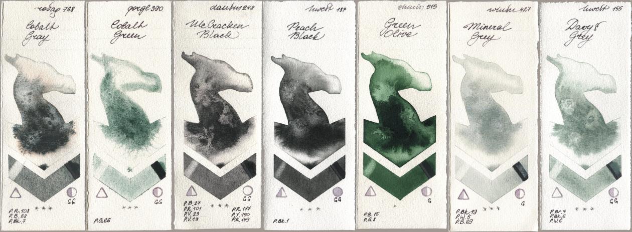 Rosa Gallery 768 Cobalt Gray, Golden QOR 390 Cobalt Green, Daniel Smith 248 McCracken Black, Holbein Artists Watercolor 137 Peach Black, Shminke Horadam Aquarell 515 Green Olive, Winsor & Newton Professional 427 Mineral Grey, 155 Davys Gr watercolor swatch