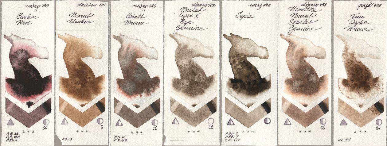Rosa Gallery 769 Carbon Red, Daniel Smith 011 Burnt Umber, 784 Cobalt Brown, 162 Burnt Tigers Eye Genuine, 720 Sepia, 158 Hematite Burnt Scarlet Genuine, Golden QOR 495 Van Dyke Bro watercolor swatch