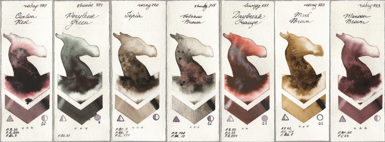 Rosa Gallery 769 Carbon Red, Shminke Horadam Aquarell 784 Perylene Green, 720 Sepia, 915 Volcano Brown, Holbein Artists Watercolor 551 Daybreak Orange, 723 Mars Brown, 763 Maroon Bro watercolor swatch
