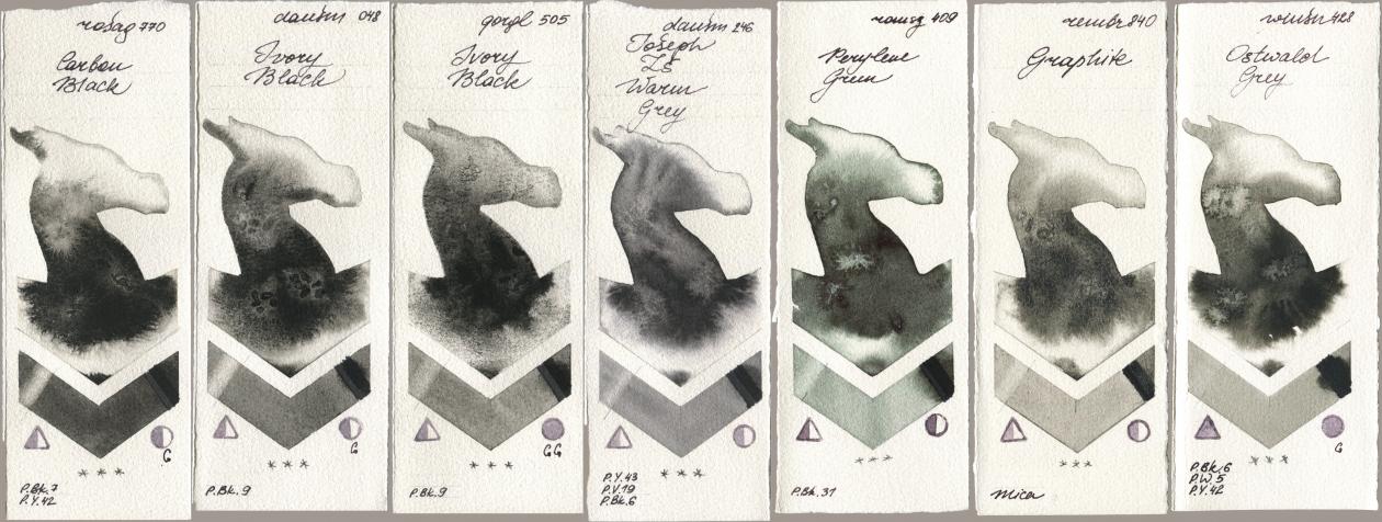 Rosa Gallery 770 Carbon Black, Daniel Smith 048 Ivory Black, Golden QOR 505 Ivory Black, 246 Joseph Zs Warm Grey, Roman Szmal Aquarius 409 Perylene Green, Royal Talens Rembrandt Watercolour 840 Graphite, Winsor & Newton Professional 428 Ostwald Gr watercolor swatch