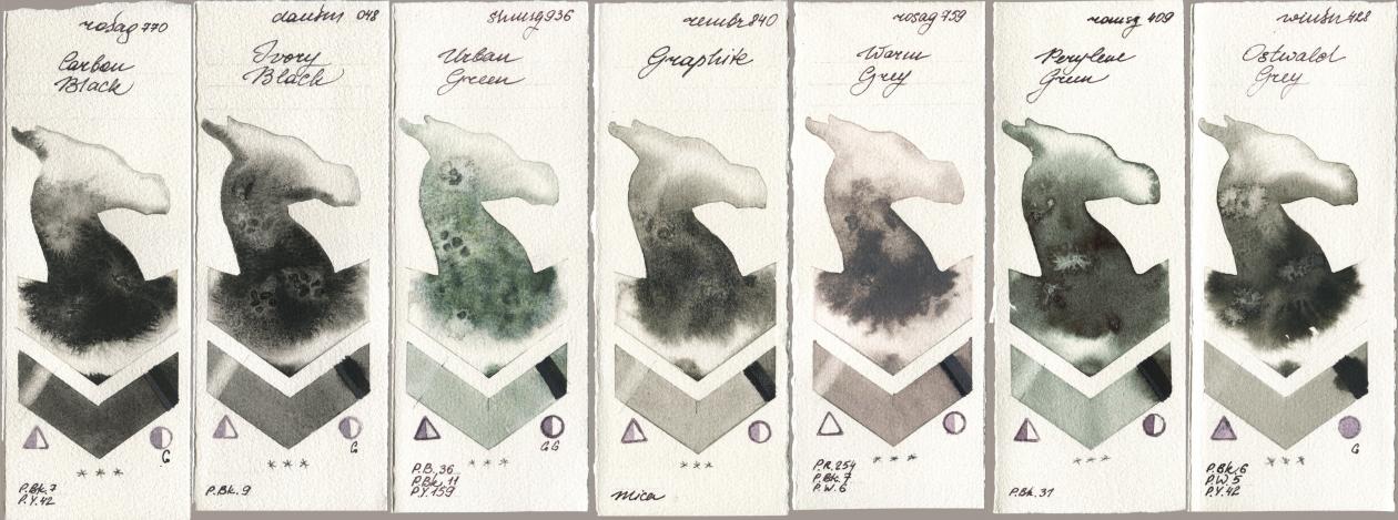Rosa Gallery 770 Carbon Black, Daniel Smith 048 Ivory Black, Shminke Horadam Aquarell 936 Urban Green, Royal Talens Rembrandt Watercolour 840 Graphite, 759 Warm Grey, Roman Szmal Aquarius 409 Perylene Green, Winsor & Newton Professional 428 Ostwald Gr watercolor swatch