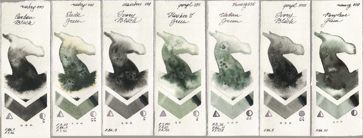 Rosa Gallery 770 Carbon Black, 766 Jade Green, Daniel Smith 048 Ivory Black, Golden QOR 395 Hookers Green, Shminke Horadam Aquarell 936 Urban Green, 505 Ivory Black, Roman Szmal Aquarius 409 Perylene Gre watercolor swatch
