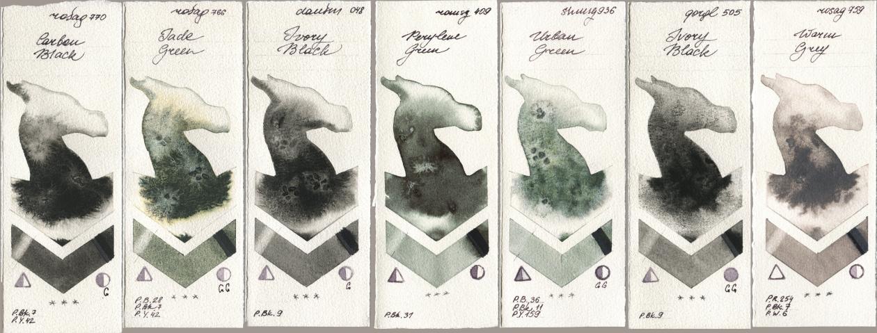Rosa Gallery 770 Carbon Black, 766 Jade Green, Daniel Smith 048 Ivory Black, Roman Szmal Aquarius 409 Perylene Green, Shminke Horadam Aquarell 936 Urban Green, Golden QOR 505 Ivory Black, 759 Warm Gr watercolor swatch