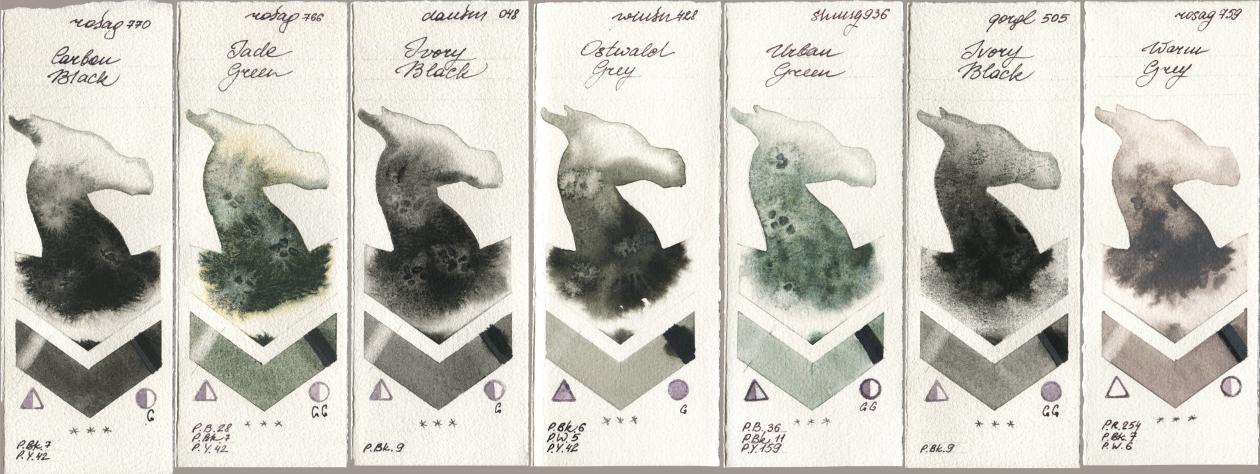 Rosa Gallery 770 Carbon Black, 766 Jade Green, Daniel Smith 048 Ivory Black, Winsor & Newton Professional 428 Ostwald Grey, Shminke Horadam Aquarell 936 Urban Green, Golden QOR 505 Ivory Black, 759 Warm Gr watercolor swatch