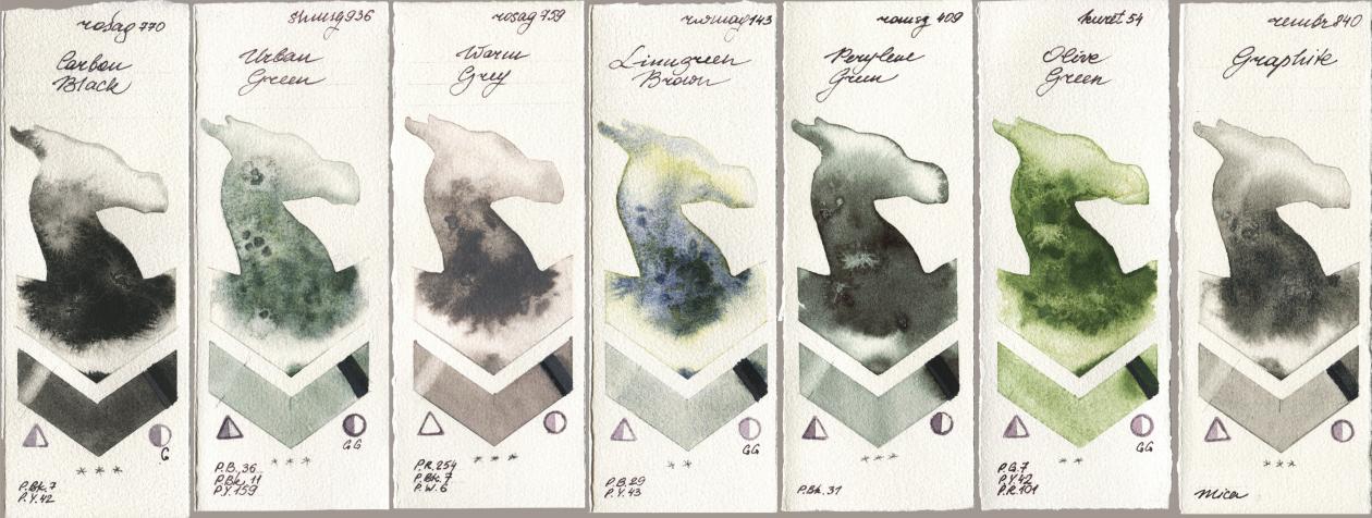 Rosa Gallery 770 Carbon Black, Shminke Horadam Aquarell 936 Urban Green, 759 Warm Grey, Rockwell 143 Limugreen Brown, Roman Szmal Aquarius 409 Perylene Green, Kuretake Gansai Tambi 054 Olive Green, Royal Talens Rembrandt Watercolour 840 Graphi watercolor swatch