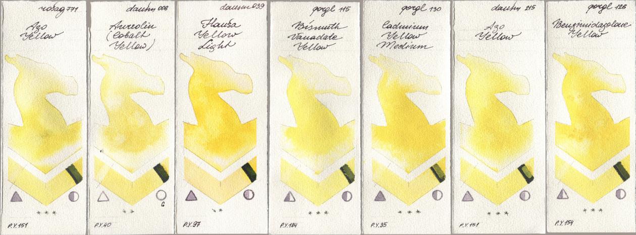 Rosa Gallery 771 Azo Yellow, Daniel Smith 006 Aureolin (Cobalt Yellow), 039 Hansa Yellow Light, Golden QOR 115 Bismuth Vanadate Yellow, 130 Cadmium Yellow Medium, 215 Azo Yellow, 126 Benzimidazolone Yell watercolor swatch