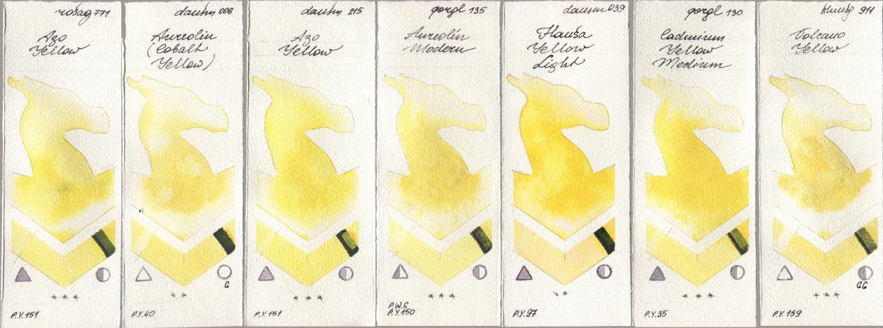 Rosa Gallery 771 Azo Yellow, Daniel Smith 006 Aureolin (Cobalt Yellow), 215 Azo Yellow, Golden QOR 135 Aureolin Modern, 039 Hansa Yellow Light, 130 Cadmium Yellow Medium, Shminke Horadam Aquarell 911 Volcano Yell watercolor swatch