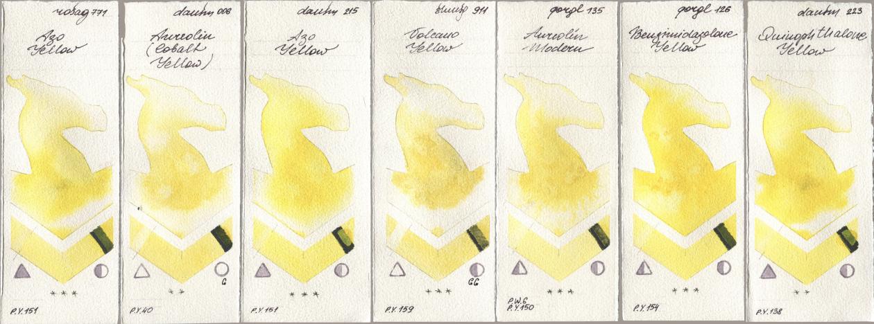 Rosa Gallery 771 Azo Yellow, Daniel Smith 006 Aureolin (Cobalt Yellow), 215 Azo Yellow, Shminke Horadam Aquarell 911 Volcano Yellow, Golden QOR 135 Aureolin Modern, 126 Benzimidazolone Yellow, 223 Quinophthalone Yell watercolor swatch