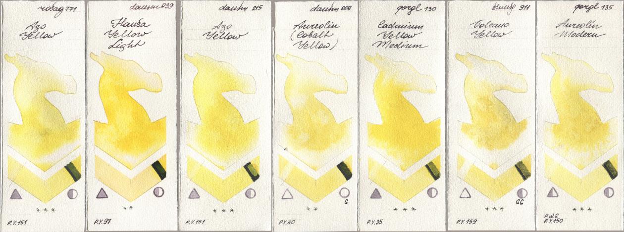 Rosa Gallery 771 Azo Yellow, Daniel Smith 039 Hansa Yellow Light, 215 Azo Yellow, 006 Aureolin (Cobalt Yellow), Golden QOR 130 Cadmium Yellow Medium, Shminke Horadam Aquarell 911 Volcano Yellow, 135 Aureolin Mode watercolor swatch