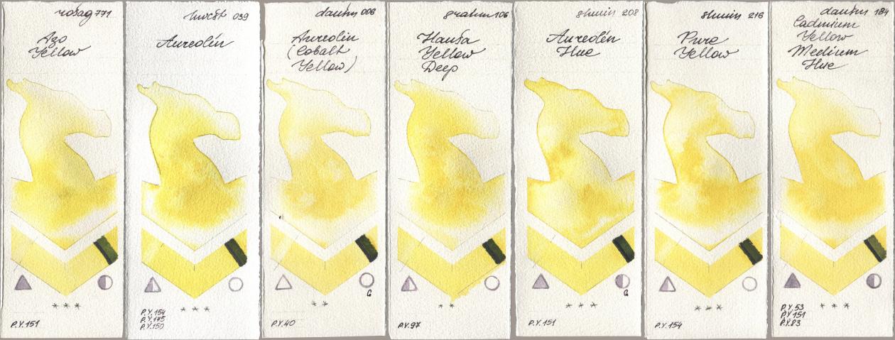 Rosa Gallery 771 Azo Yellow, Holbein Artists Watercolor 039 Aureolin, Daniel Smith 006 Aureolin (Cobalt Yellow), M. Graham & Co. Artists 106 Hansa Yellow Deep, Shminke Horadam Aquarell 208 Aureolin Hue, 216 Pure Yellow, 184 Cadmium Yellow Medium H watercolor swatch