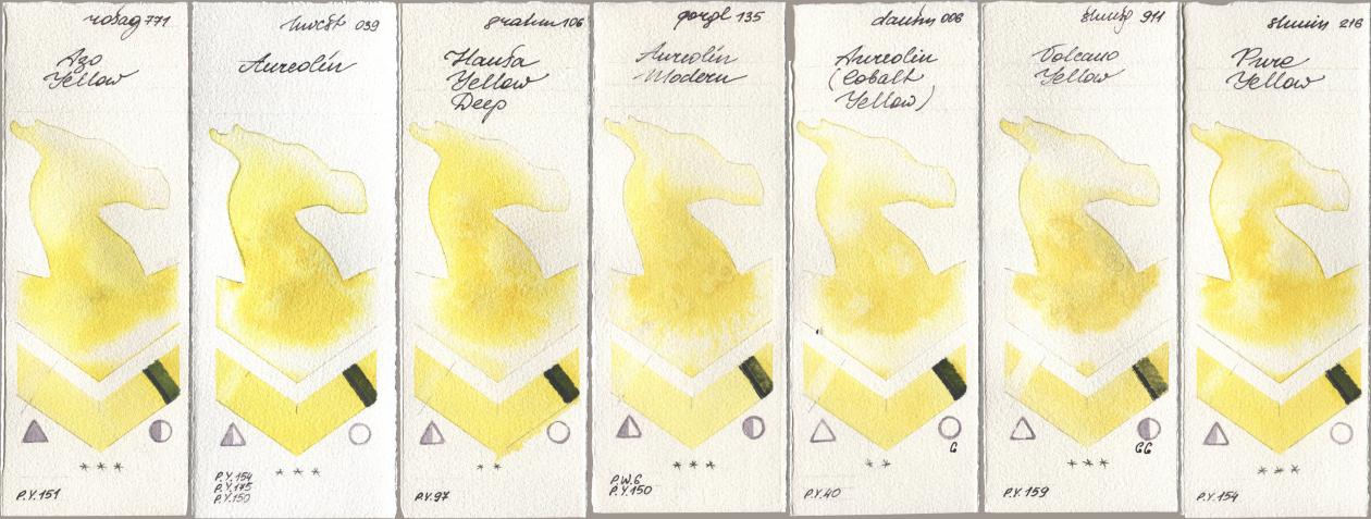 Rosa Gallery 771 Azo Yellow, Holbein Artists Watercolor 039 Aureolin, M. Graham & Co. Artists 106 Hansa Yellow Deep, Golden QOR 135 Aureolin Modern, Daniel Smith 006 Aureolin (Cobalt Yellow), Shminke Horadam Aquarell 911 Volcano Yellow, 216 Pure Yell watercolor swatch