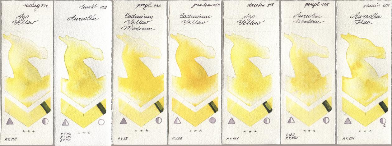 Rosa Gallery 771 Azo Yellow, Holbein Artists Watercolor 039 Aureolin, Golden QOR 130 Cadmium Yellow Medium, M. Graham & Co. Artists 060 Cadmium Yellow, Daniel Smith 215 Azo Yellow, 135 Aureolin Modern, Shminke Horadam Aquarell 208 Aureolin H watercolor swatch