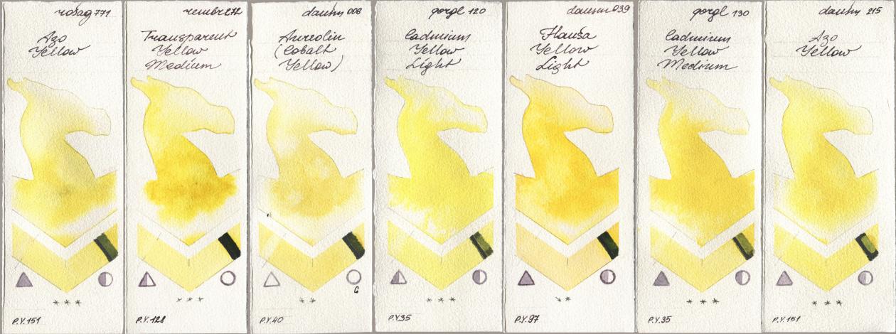 Rosa Gallery 771 Azo Yellow, Royal Talens Rembrandt Watercolour 272 Transparent Yellow Medium, Daniel Smith 006 Aureolin (Cobalt Yellow), Golden QOR 120 Cadmium Yellow Light, 039 Hansa Yellow Light, 130 Cadmium Yellow Medium, 215 Azo Yell watercolor swatch