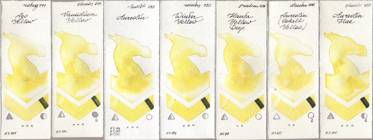 Rosa Gallery 771 Azo Yellow, Shminke Horadam Aquarell 207 Vanadium Yellow, Holbein Artists Watercolor 039 Aureolin, Winsor & Newton Professional 730 Winsor Yellow, M. Graham & Co. Artists 106 Hansa Yellow Deep, Daniel Smith 006 Aureolin (Cobalt Yellow), 208 Aureolin H watercolor swatch