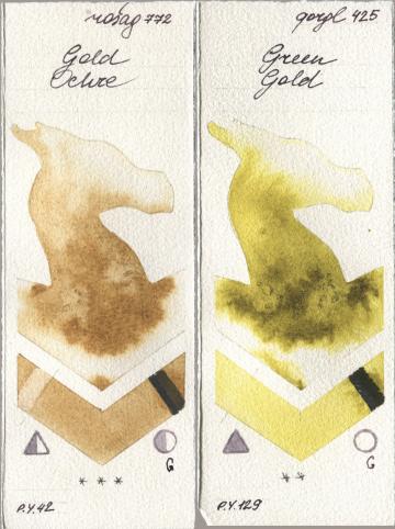 Rosa Gallery 772 Gold Ochre, Golden QOR 425 Green Go watercolor swatch