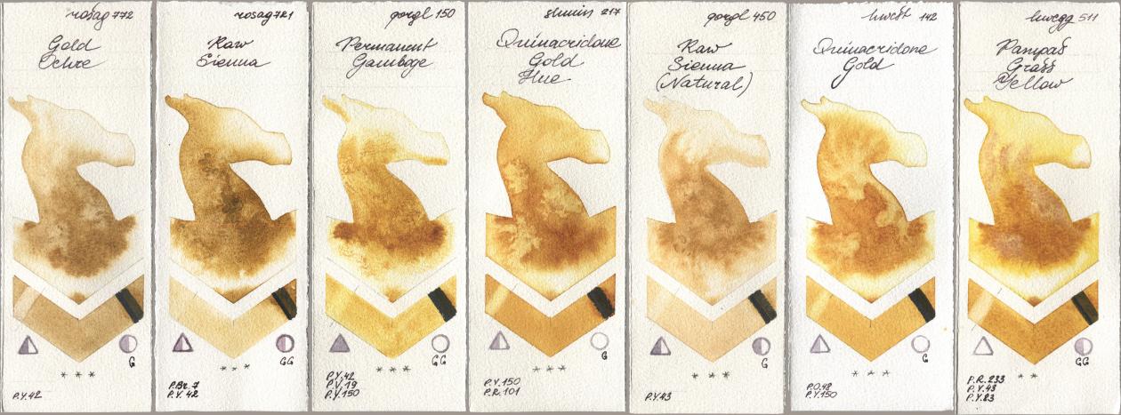 Rosa Gallery 772 Gold Ochre, 721 Raw Sienna, Golden QOR 150 Permanent Gamboge, Shminke Horadam Aquarell 217 Quinacridone Gold Hue, 450 Raw Sienna (Natural), Holbein Artists Watercolor 142 Quinacridone Gold, 511 Pampas Grass Yell watercolor swatch