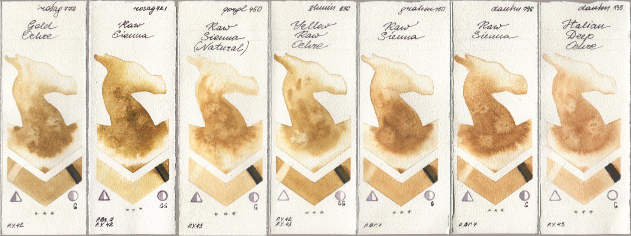 Rosa Gallery 772 Gold Ochre, 721 Raw Sienna, Golden QOR 450 Raw Sienna (Natural), Shminke Horadam Aquarell 656 Yellow Raw Ochre, M. Graham & Co. Artists 160 Raw Sienna, Daniel Smith 096 Raw Sienna, 135 Italian Deep Och watercolor swatch