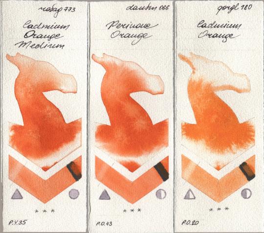 Rosa Gallery 773 Cadmium Orange Medium, Daniel Smith 066 Perinone Orange, Golden QOR 180 Cadmium Oran watercolor swatch