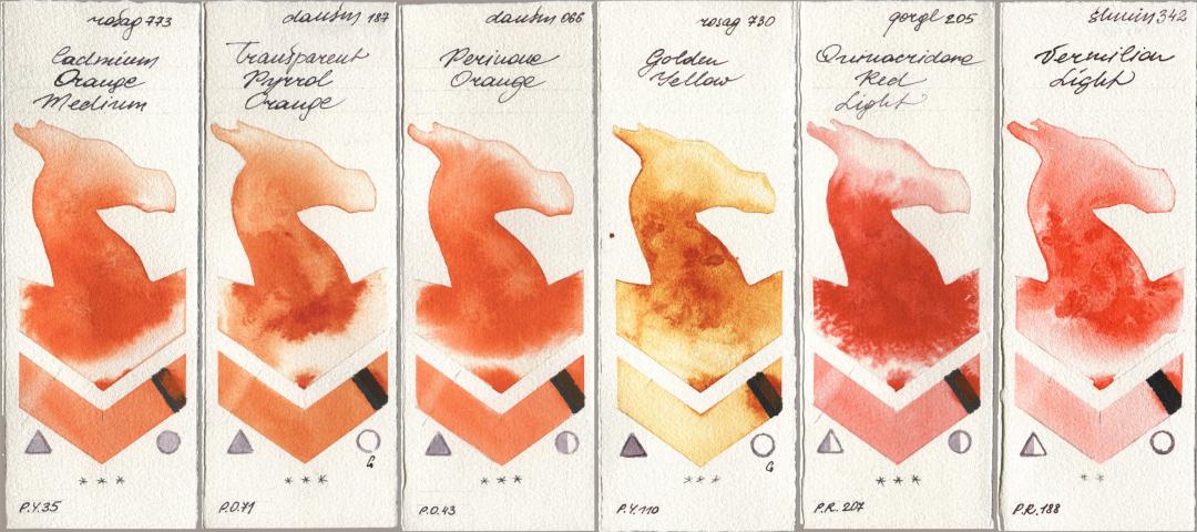 Rosa Gallery 773 Cadmium Orange Medium, Daniel Smith 187 Transparent Pyrrol Orange, 066 Perinone Orange, 730 Golden Yellow, Golden QOR 205 Quinacridone Red Light, Shminke Horadam Aquarell 342 Vermilion Lig watercolor swatch