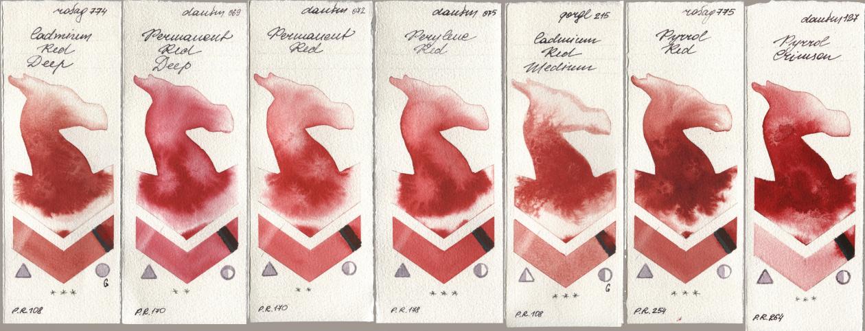 Rosa Gallery 774 Cadmium Red Deep, Daniel Smith 069 Permanent Red Deep, 072 Permanent Red, 075 Perylene Red, Golden QOR 215 Cadmium Red Medium, 775 Pyrrole Red, 127 Pyrrol Crims watercolor swatch