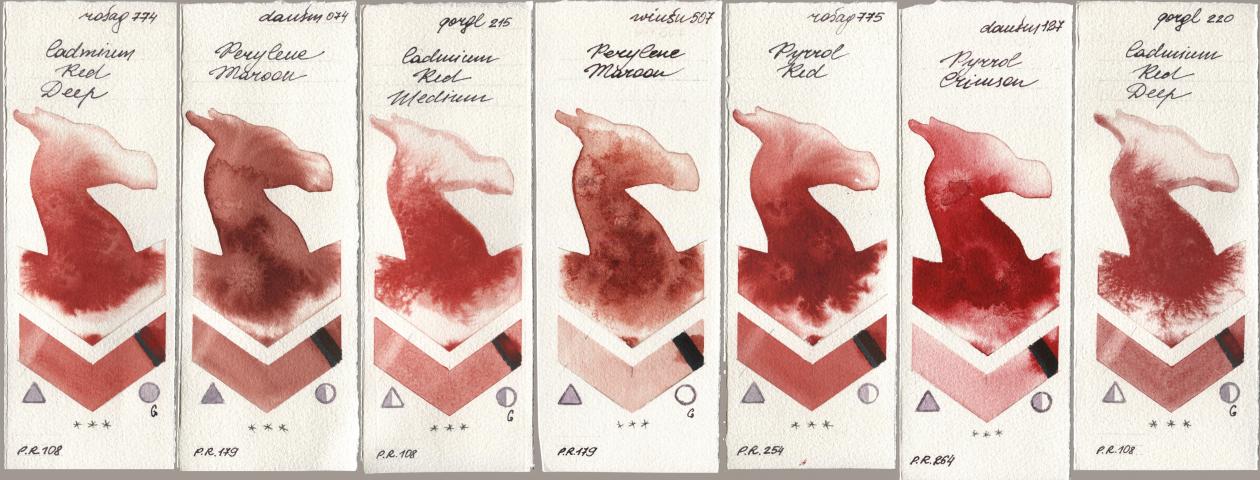Rosa Gallery 774 Cadmium Red Deep, Daniel Smith 074 Perylene Maroon, Golden QOR 215 Cadmium Red Medium, Winsor & Newton Professional 507 Perylene Maroon, 775 Pyrrole Red, 127 Pyrrol Crimson, 220 Cadmium Red De watercolor swatch